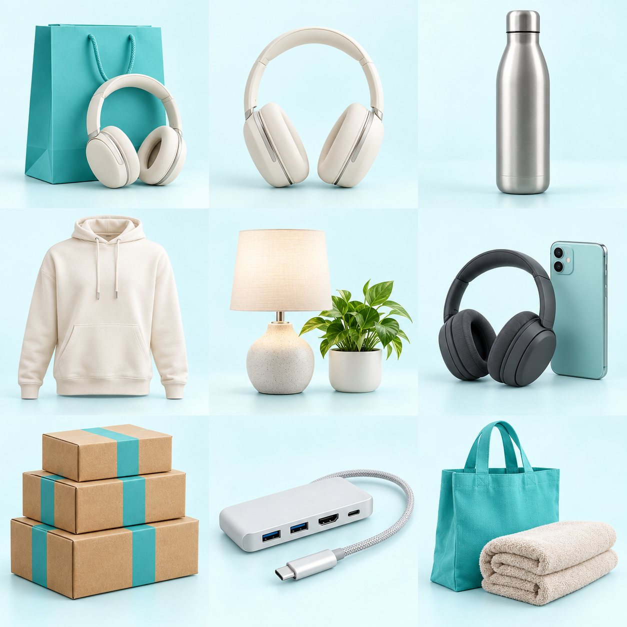 کیف فیروزه‌ای و هدفون کرم